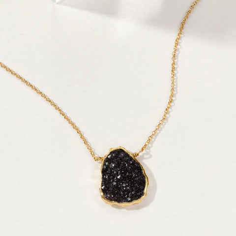 Black Druzy Quartz Necklace | Dark Crystal Sparkle | 14KT Gold-Plated Brass