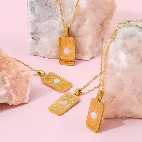 Celestial Portal Moon Necklace | 18K Gold Plated Stainless Steel | Moon Pendant with Starburst Engraving