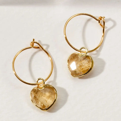Citrine Heart Hoop Earrings | Mini Conversation Design | 14KT Gold-Plated Brass