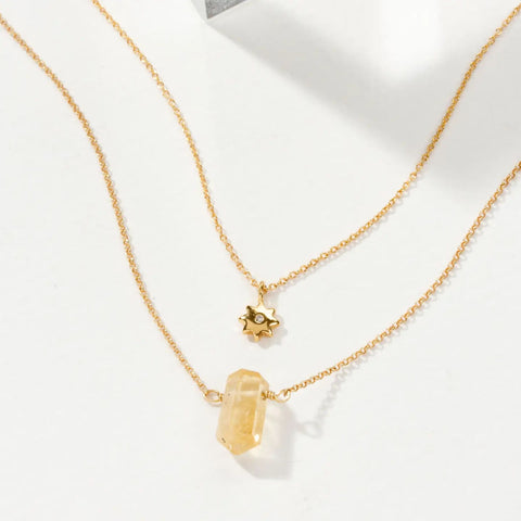 Citrine & Sun Necklace Set | Layered Gemstone Design | 14KT Gold-Plated Brass