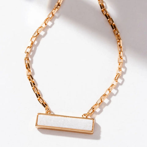 Druzy Quartz Block-Link Necklace | Sparkle Pendant | 14KT Gold-Plated Brass