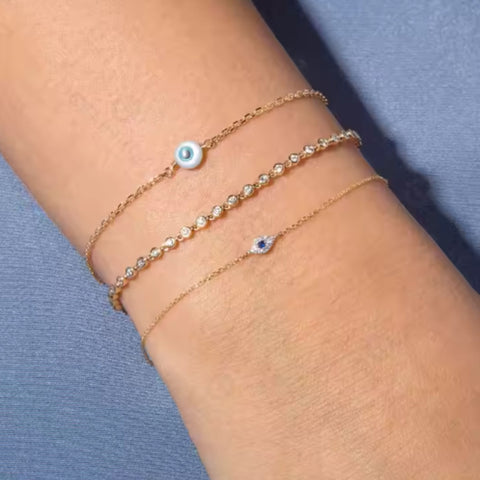 Mini Glimmer Evil Eye Bracelet | Diamond Accent | Rhodium, Rose Gold, or 18K Gold Plated 925 Sterling Silver