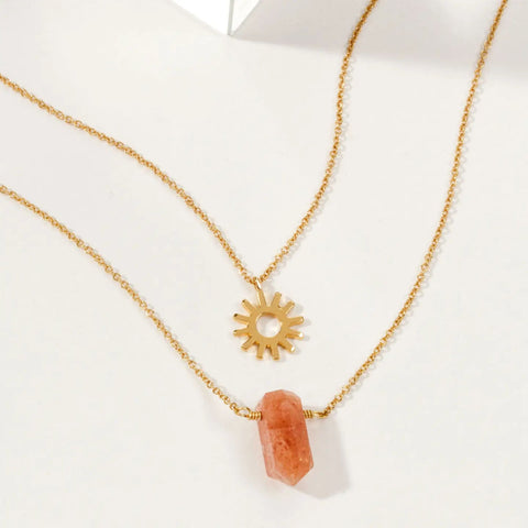 Sun Salutation Necklace Set | Layered Sunstone Design | 14KT Gold-Plated Brass