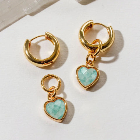 Amazonite Heart Hoop Earrings | Interchangeable Huggies | 14KT Gold-Plated Brass