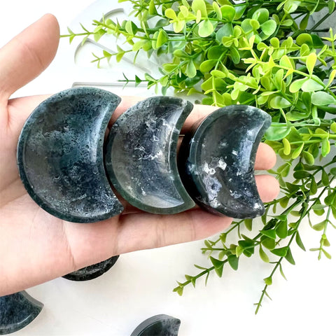 Moss Agate Moon Bowl | Crescent Crystal for Grounding & Growth