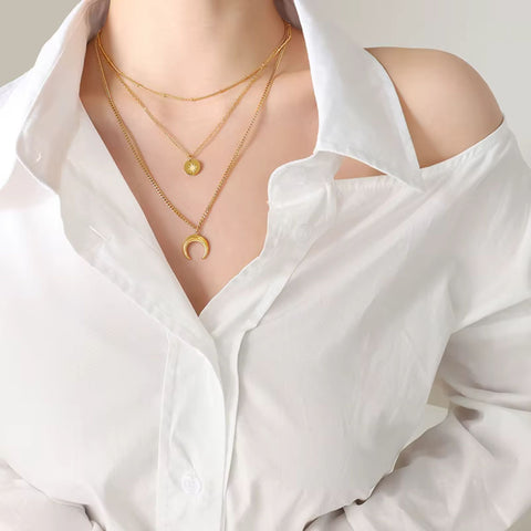 3-Layer Moon & Star Necklace | 18K Gold Plated Stainless Steel | Celestial Layers for Everyday Magic