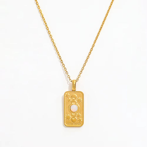 Celestial Portal Moon Necklace | 18K Gold Plated Stainless Steel | Moon Pendant with Starburst Engraving