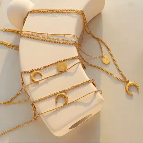 3-Layer Moon & Star Necklace | 18K Gold Plated Stainless Steel | Celestial Layers for Everyday Magic