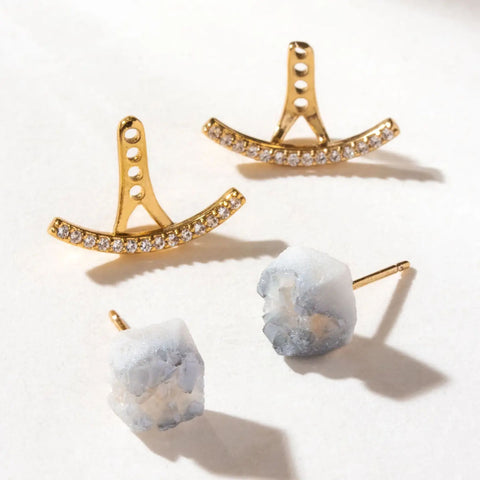 Twinkle Druzy Front-Back Earrings | Convertible Stud & Jacket Design | 14KT Gold-Plated Brass