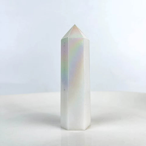 Aura White Jade Tower | Iridescent Crystal Point for Peace, Protection & Emotional Balance