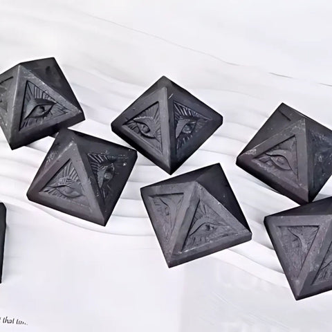 Black Shungite Pyramid | Evil Eye Carving for Protection