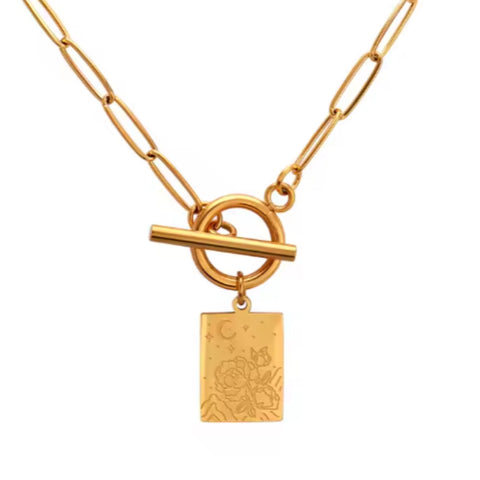 Lunar Bloom Necklace | 18K Gold Plated Jewelry | Moon Flower Paperclip Chain Pendant