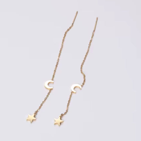 18K Gold Plated Moon & Star Threader Earrings | Dainty Celestial Jewelry for Everyday Magic