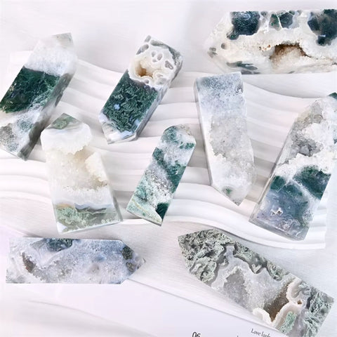 Moss Agate Druzy Tower | Grounding Crystal for Growth
